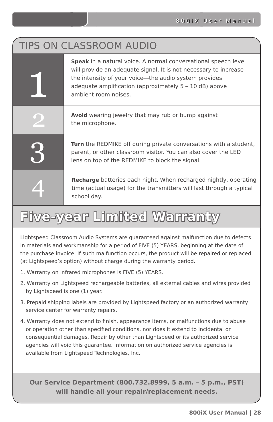 Five-year limited warranty | LightSpeed Technologies 800iX User Manual | Page 32 / 38