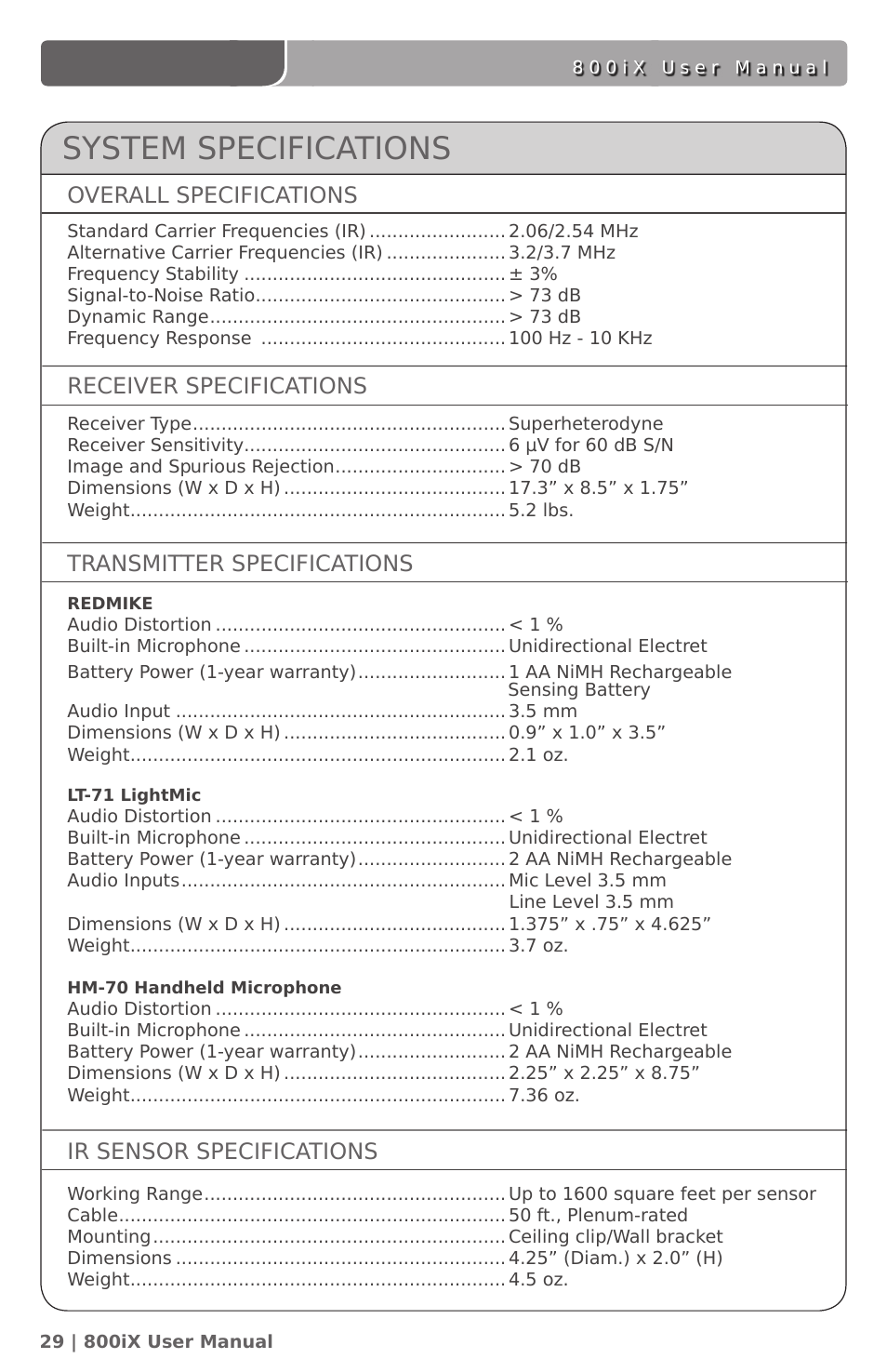 System specifications | LightSpeed Technologies 800iX User Manual | Page 33 / 38