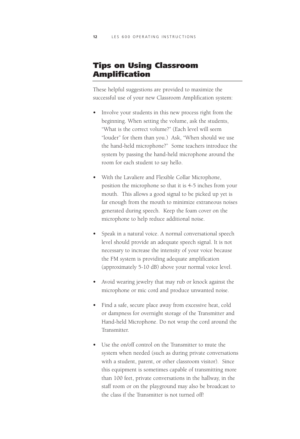 Tips on using classroom amplification | LightSpeed Technologies Listening Enhancement System LES 600 Series User Manual | Page 11 / 21