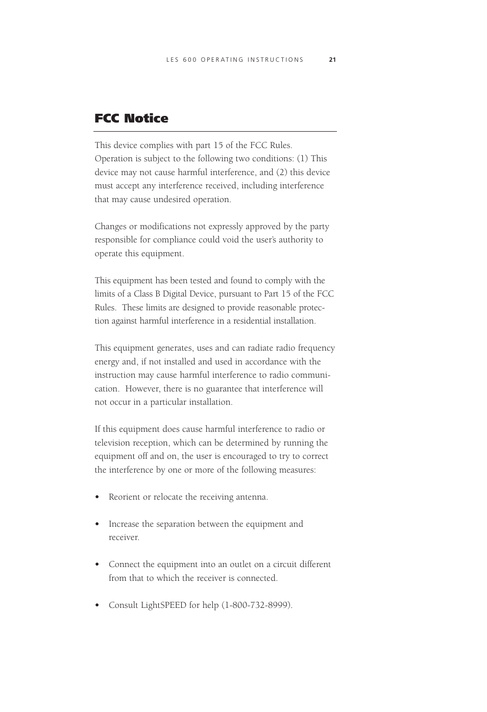 Fcc notice | LightSpeed Technologies Listening Enhancement System LES 600 Series User Manual | Page 20 / 21