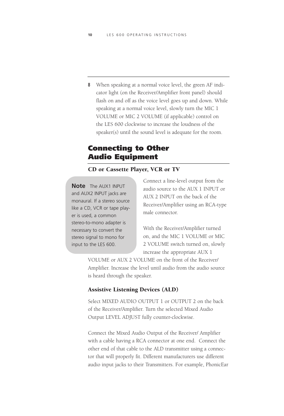 Connecting to other audio equipment | LightSpeed Technologies Listening Enhancement System LES 600 Series User Manual | Page 9 / 21