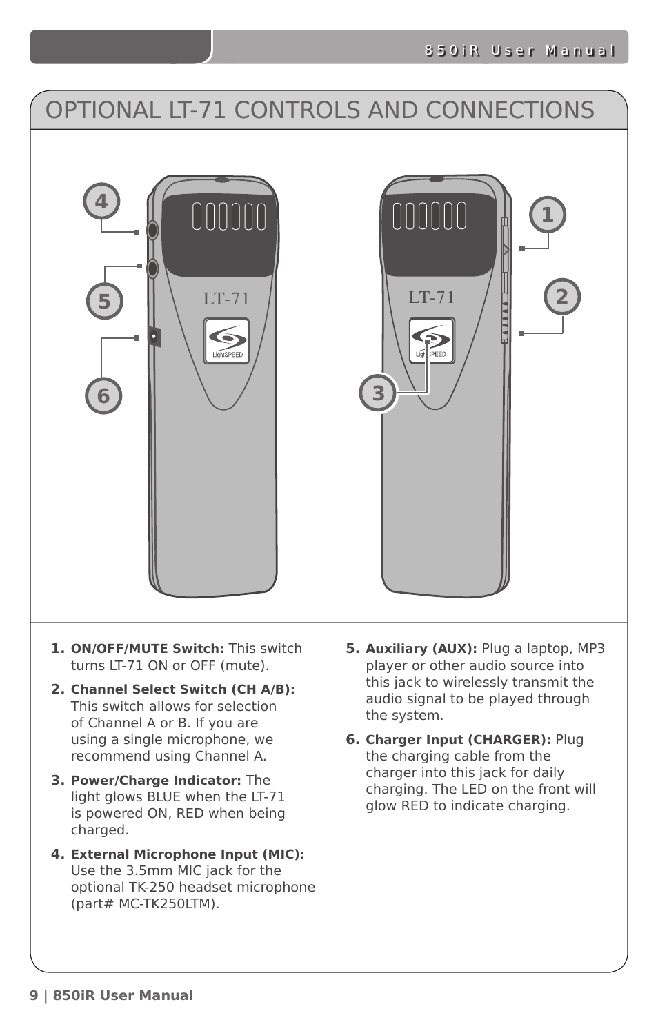 Optional lt-71 controls and connections, Lt-71 | LightSpeed Technologies 850IR User Manual | Page 13 / 42
