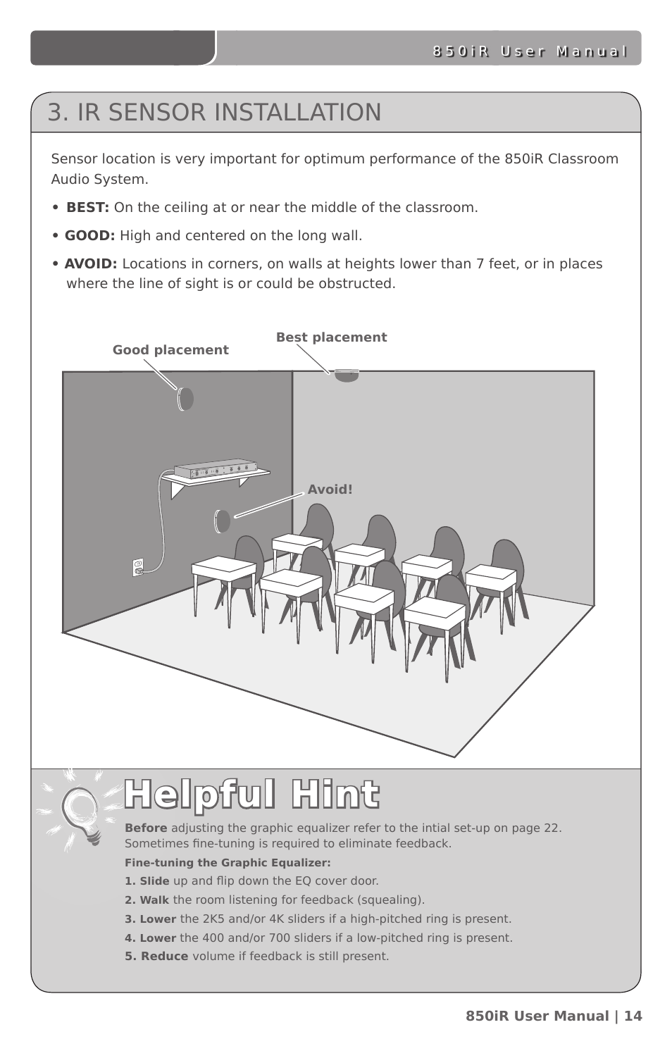 Helpful hint, Ir sensor installation | LightSpeed Technologies 850IR User Manual | Page 18 / 42