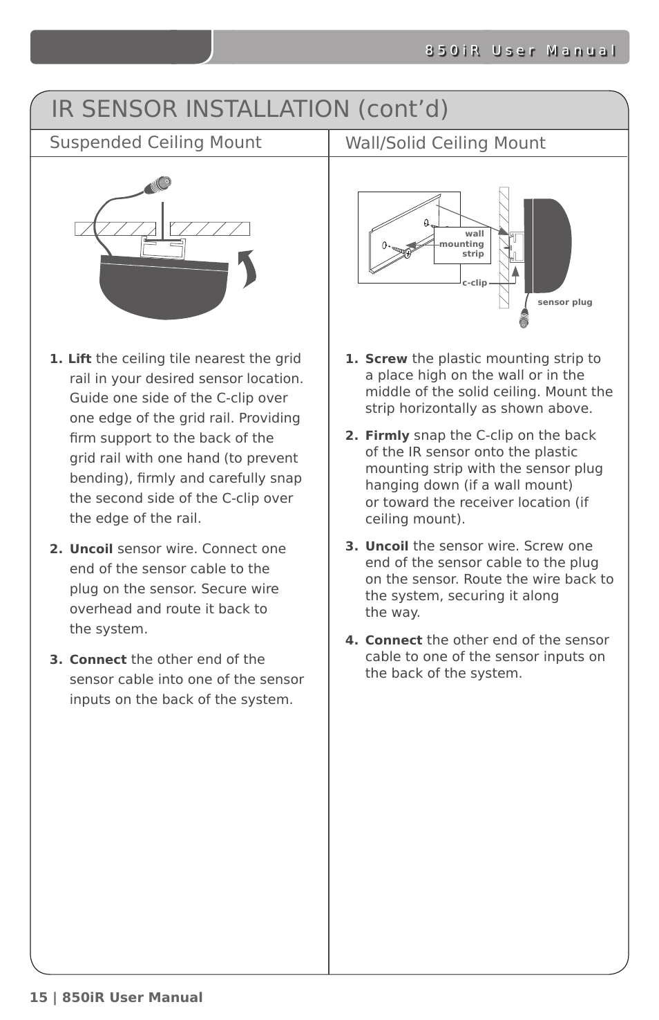 Ir sensor installation (cont’d), Suspended ceiling mount wall/solid ceiling mount | LightSpeed Technologies 850IR User Manual | Page 19 / 42