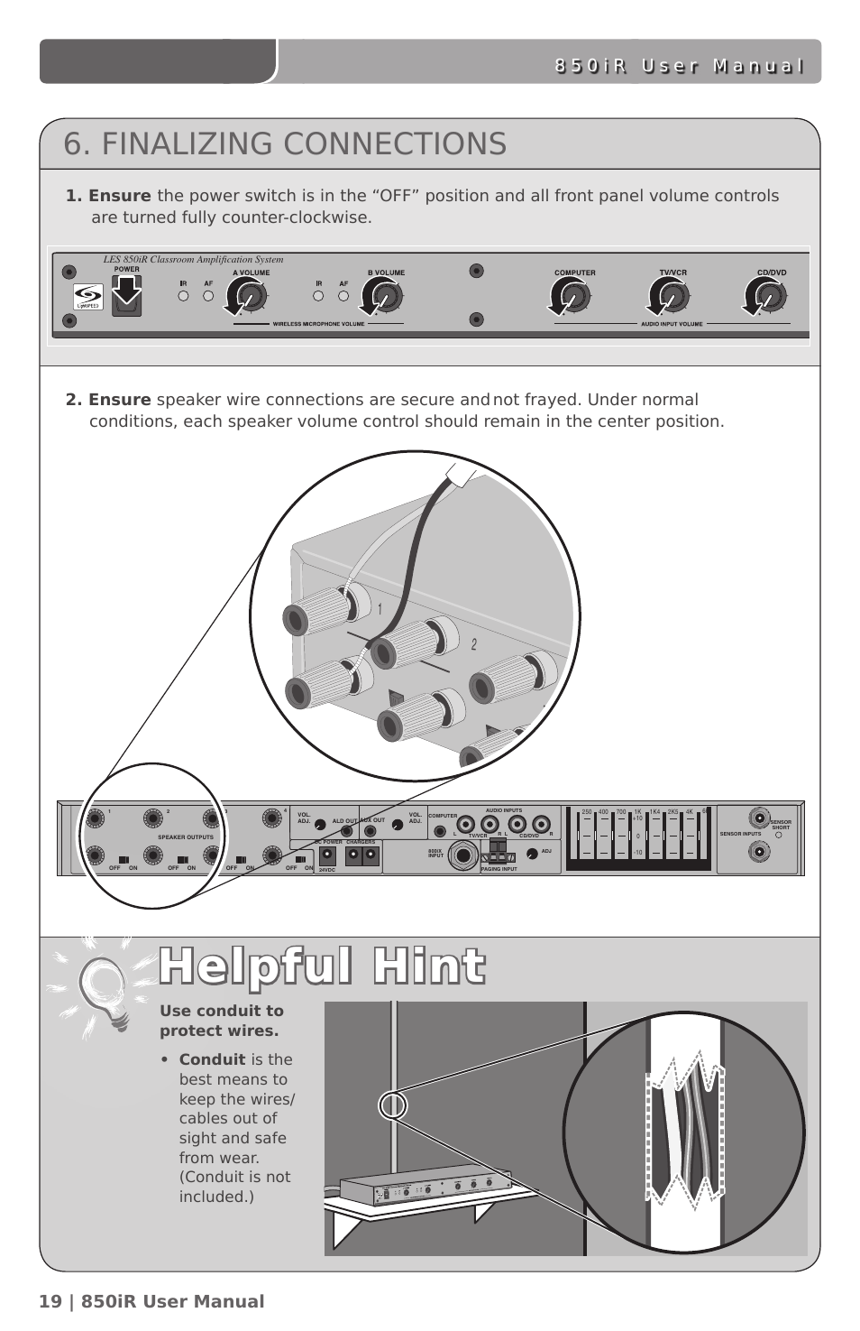 Helpful hint, Finalizing connections | LightSpeed Technologies 850IR User Manual | Page 23 / 42