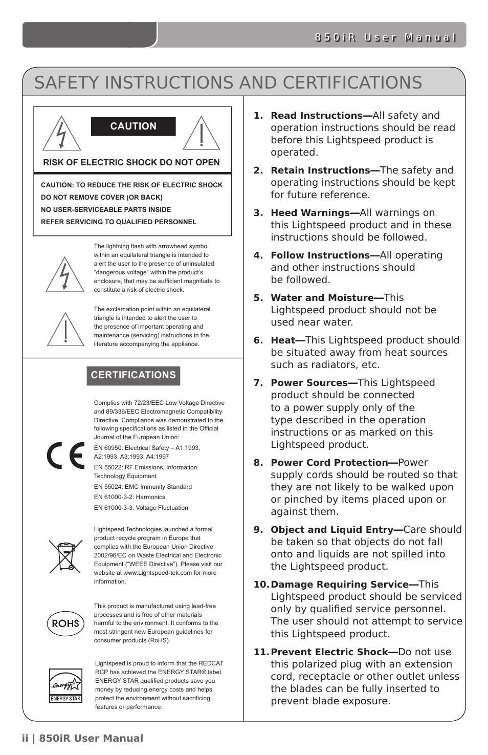 Safety instructions and certifications | LightSpeed Technologies 850IR User Manual | Page 3 / 42