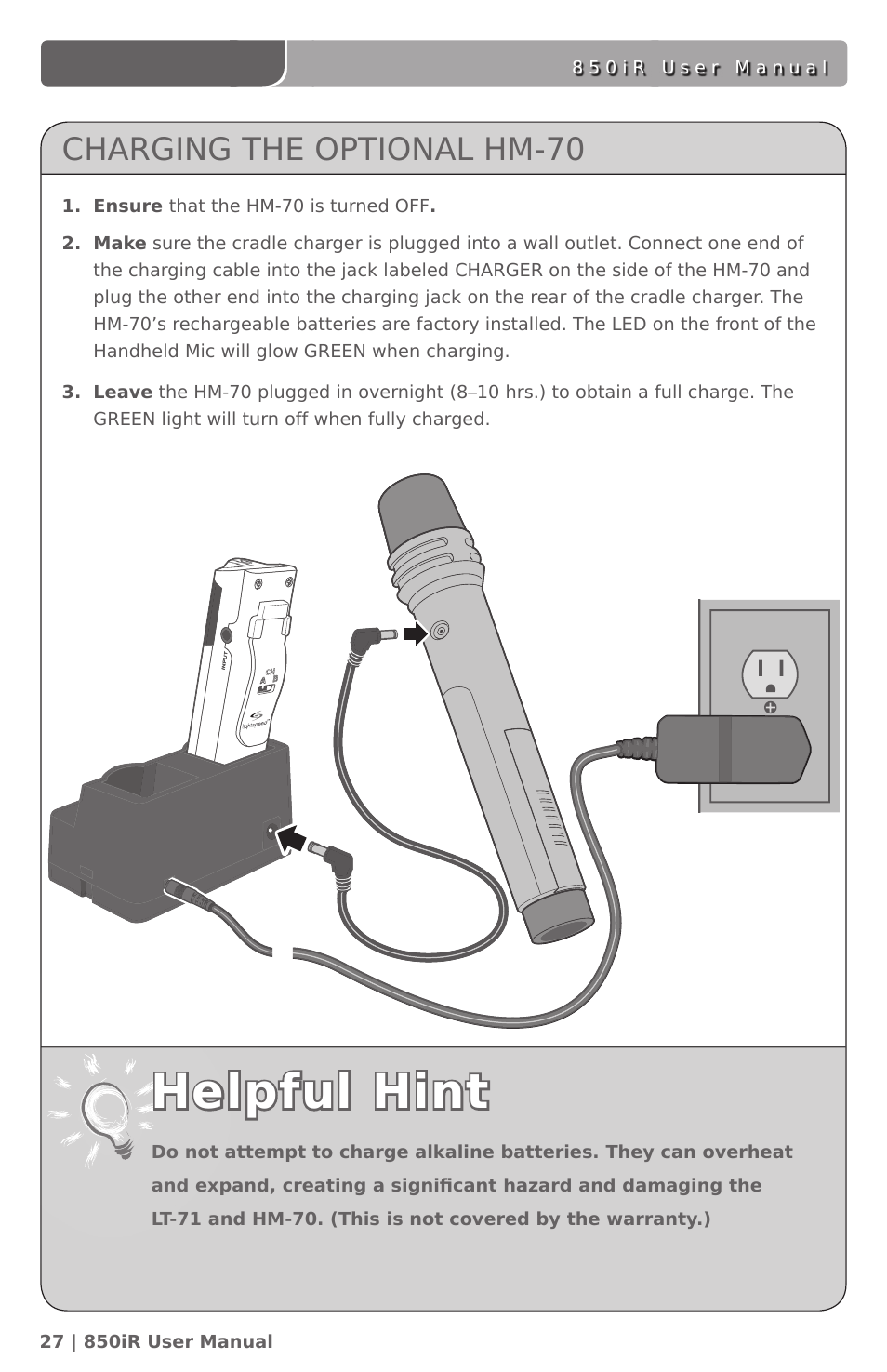 Helpful hint, Charging the optional hm-70 | LightSpeed Technologies 850IR User Manual | Page 31 / 42