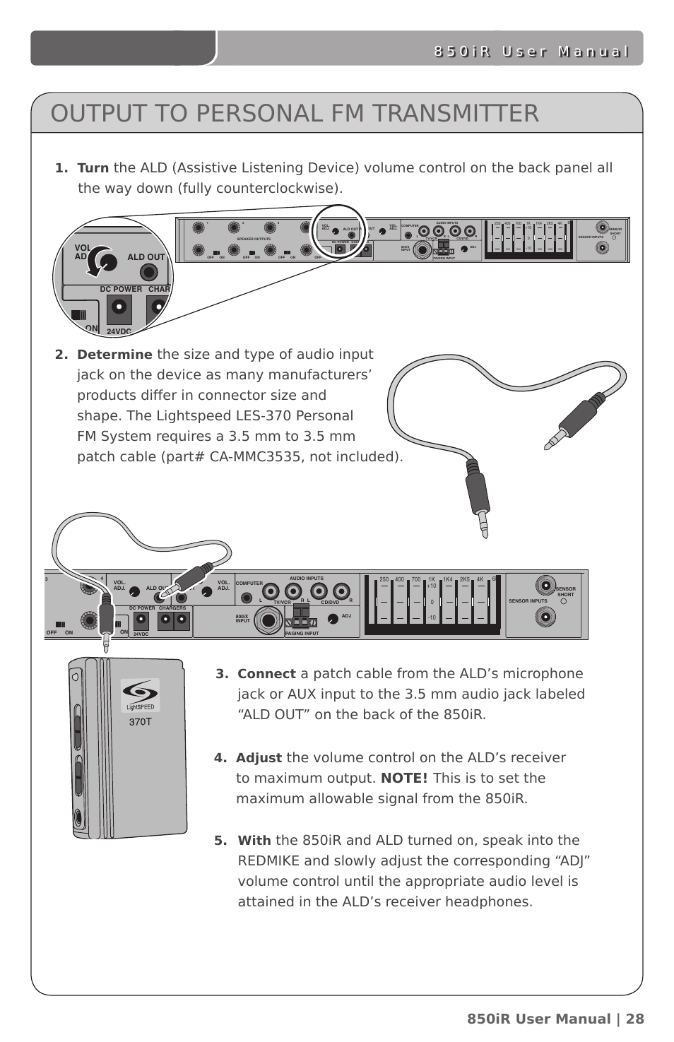 Output to personal fm transmitter, Determine, With | Turn, Connect, Adjust | LightSpeed Technologies 850IR User Manual | Page 32 / 42
