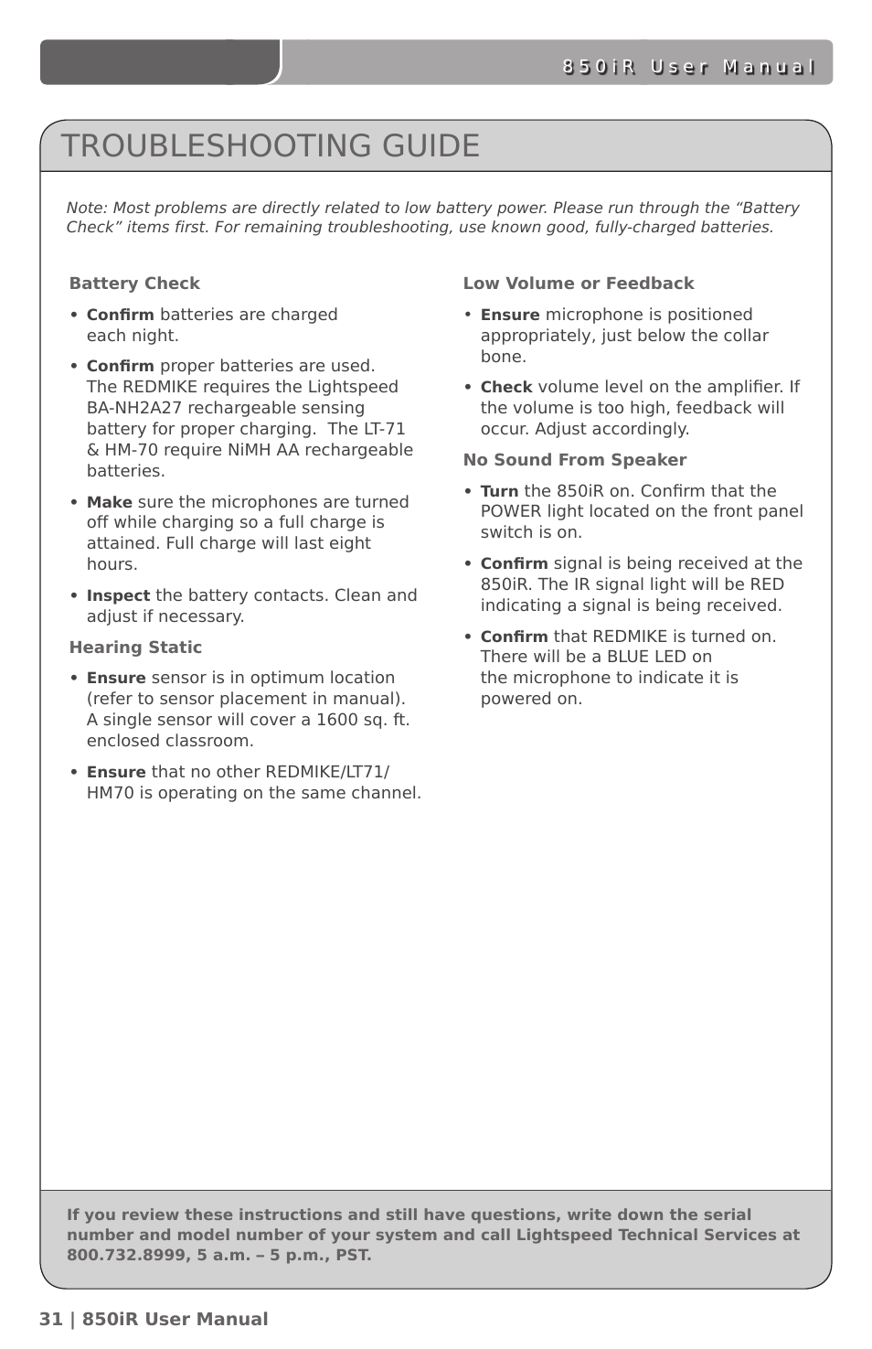 Troubleshooting guide | LightSpeed Technologies 850IR User Manual | Page 35 / 42