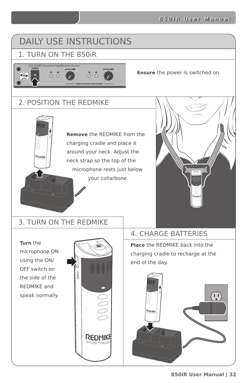Daily use instructions, Turn on the 850ir, Charge batteries | Position the redmike 3. turn on the redmike | LightSpeed Technologies 850IR User Manual | Page 36 / 42