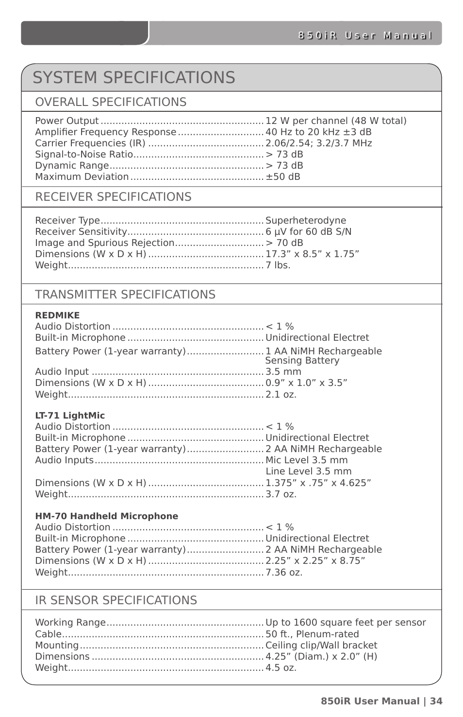 System specifications | LightSpeed Technologies 850IR User Manual | Page 38 / 42