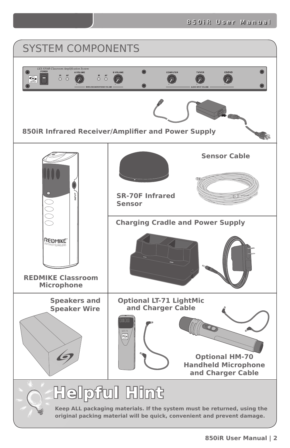 Helpful hint, System components | LightSpeed Technologies 850IR User Manual | Page 6 / 42