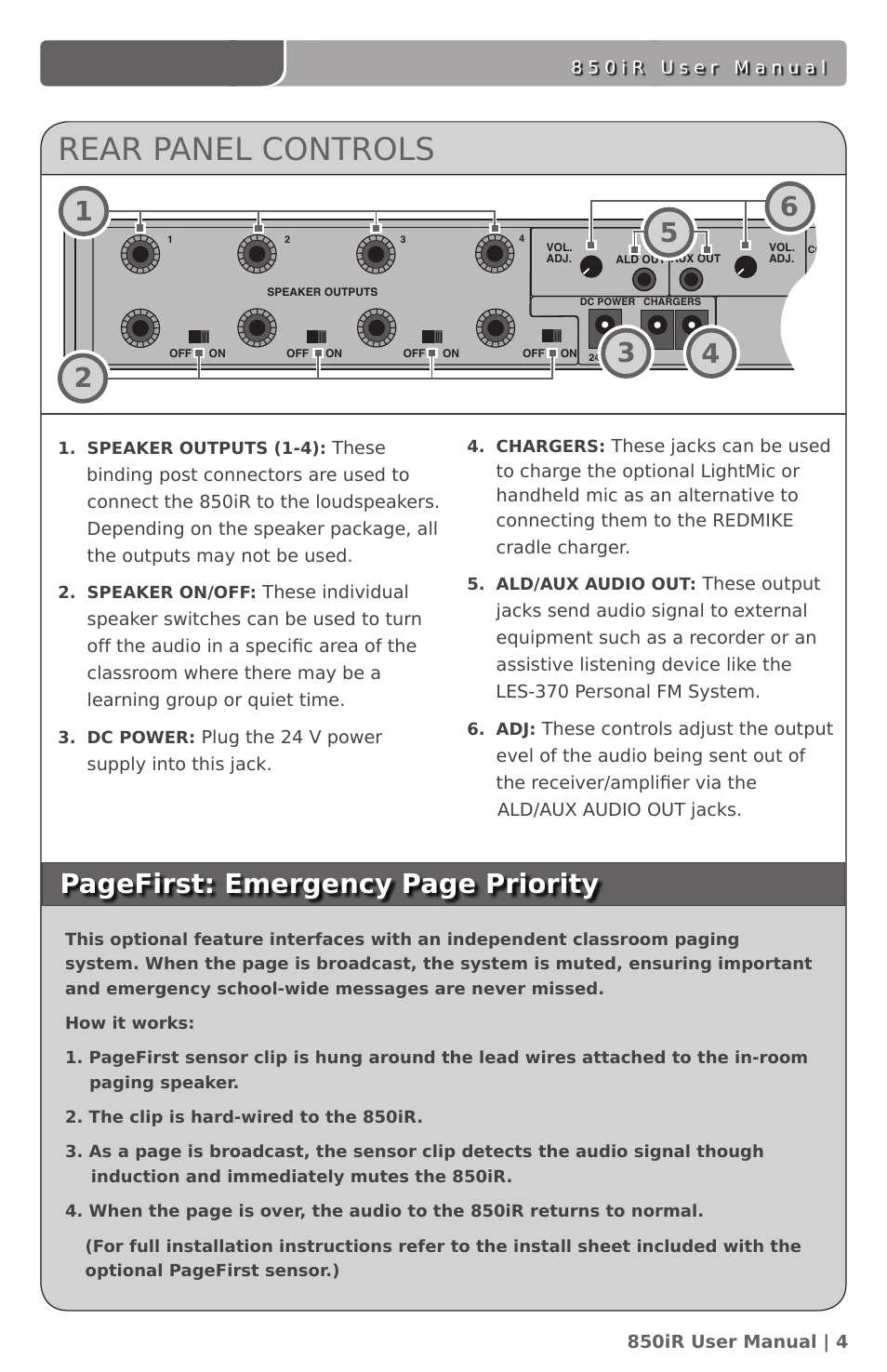 Rear panel controls, Pagefirst: emergency page priority | LightSpeed Technologies 850IR User Manual | Page 8 / 42