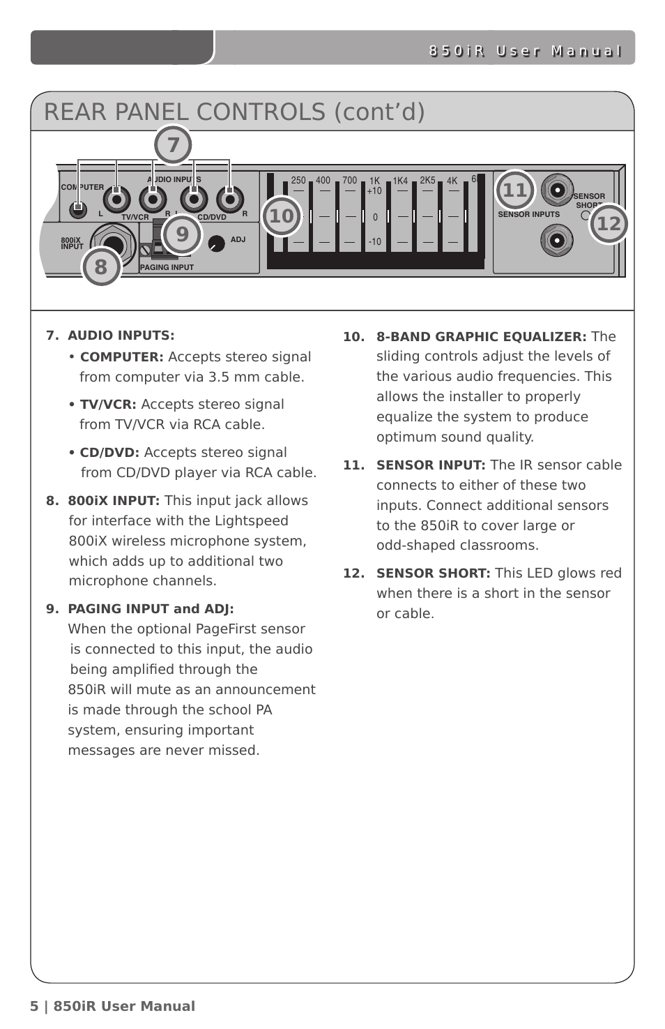 Rear panel controls (cont’d) | LightSpeed Technologies 850IR User Manual | Page 9 / 42