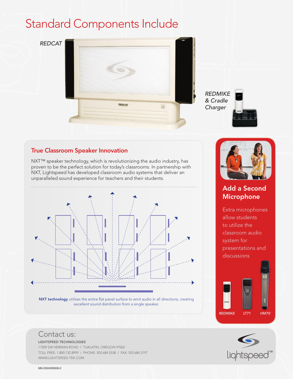 Standard components include, Contact us, Add a second microphone | True classroom speaker innovation | LightSpeed Technologies Redmike User Manual | Page 2 / 2