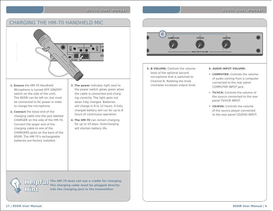 Helpful hint, Charging the hm-70 handheld mic | LightSpeed Technologies 850IR User Manual | Page 10 / 30