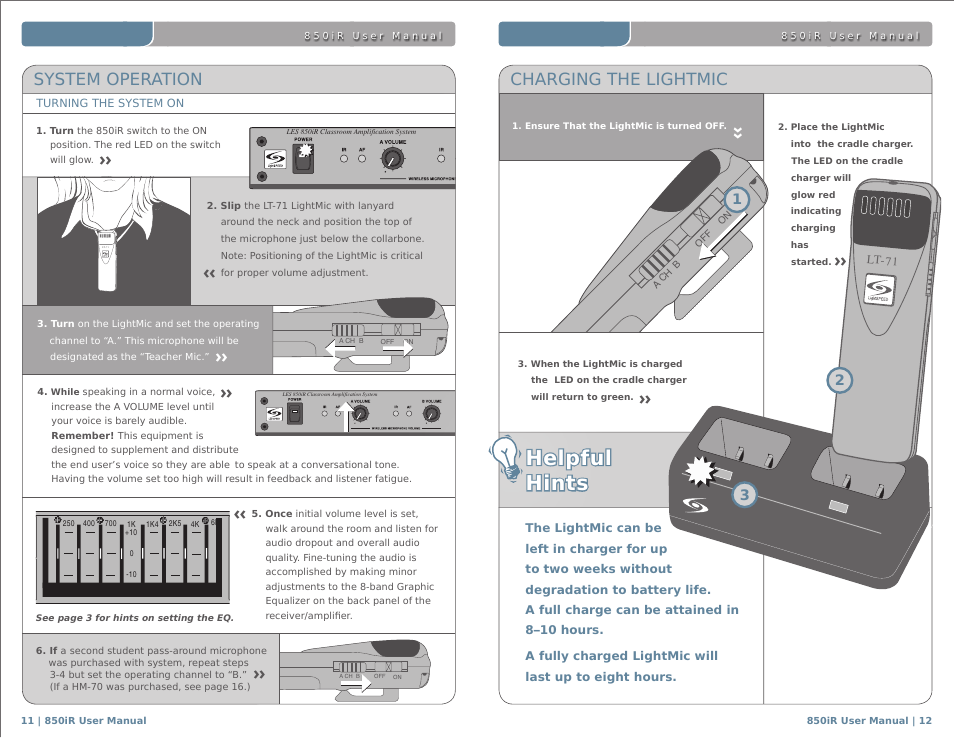 Helpful hints, System operation, Charging the lightmic | LightSpeed Technologies 850IR User Manual | Page 15 / 30