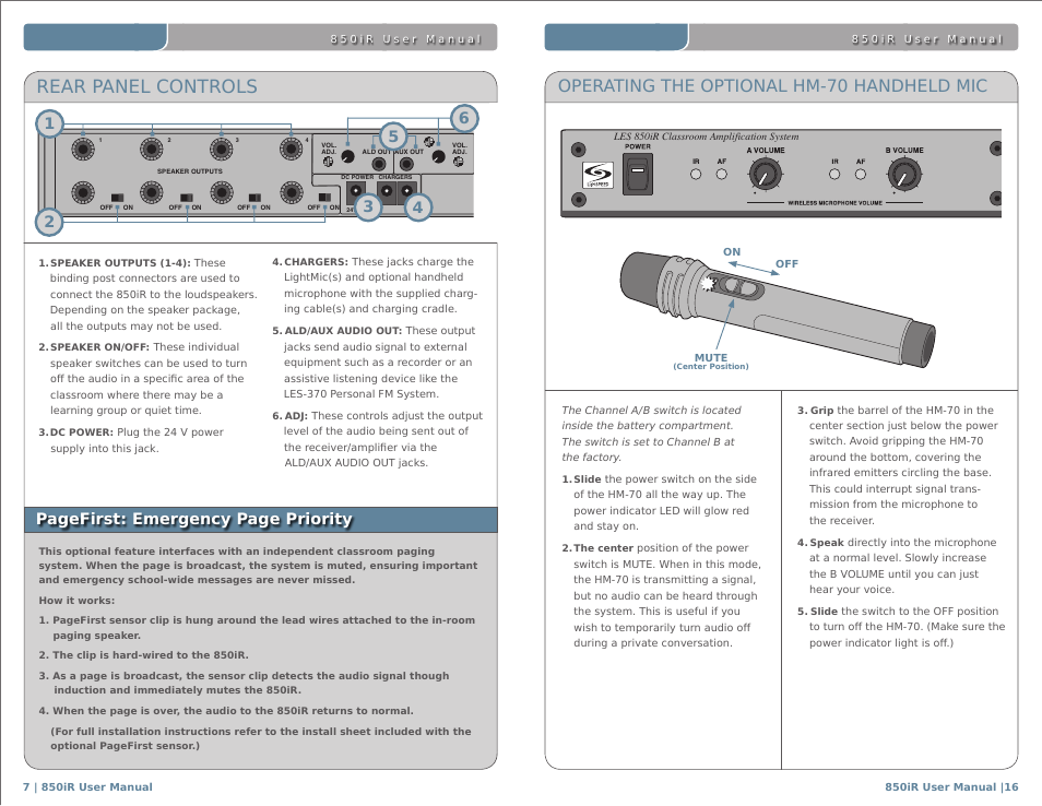 Rear panel controls, Operating the optional hm-70 handheld mic | LightSpeed Technologies 850IR User Manual | Page 20 / 30
