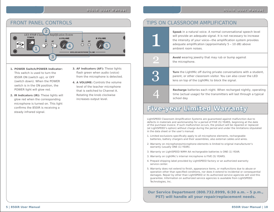 Five-year limited warranty | LightSpeed Technologies 850IR User Manual | Page 22 / 30