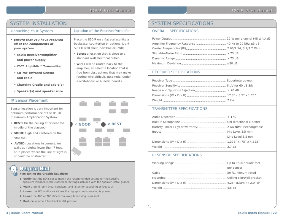 System installation, System specifications, Helpful hint | LightSpeed Technologies 850IR User Manual | Page 24 / 30
