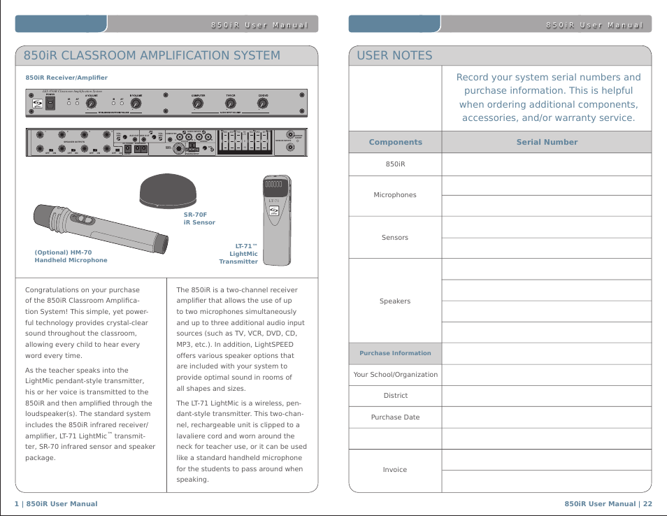 850ir classroom amplification system, Components, Serial number | LightSpeed Technologies 850IR User Manual | Page 26 / 30
