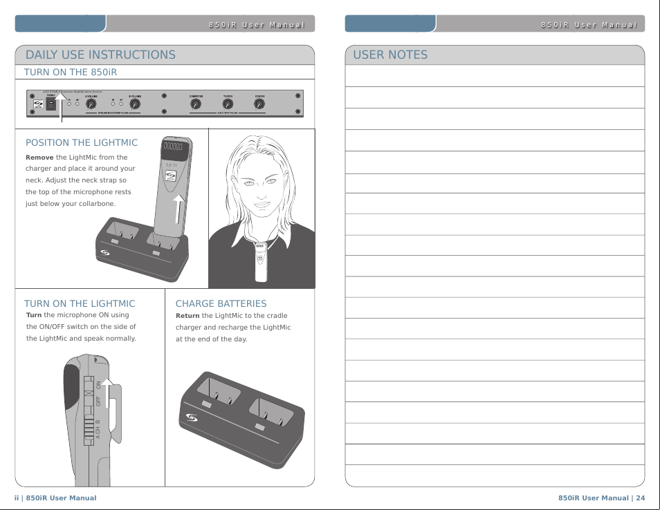 Daily use instructions, Turn on the 850ir turn on the lightmic, Charge batteries | Position the lightmic | LightSpeed Technologies 850IR User Manual | Page 28 / 30
