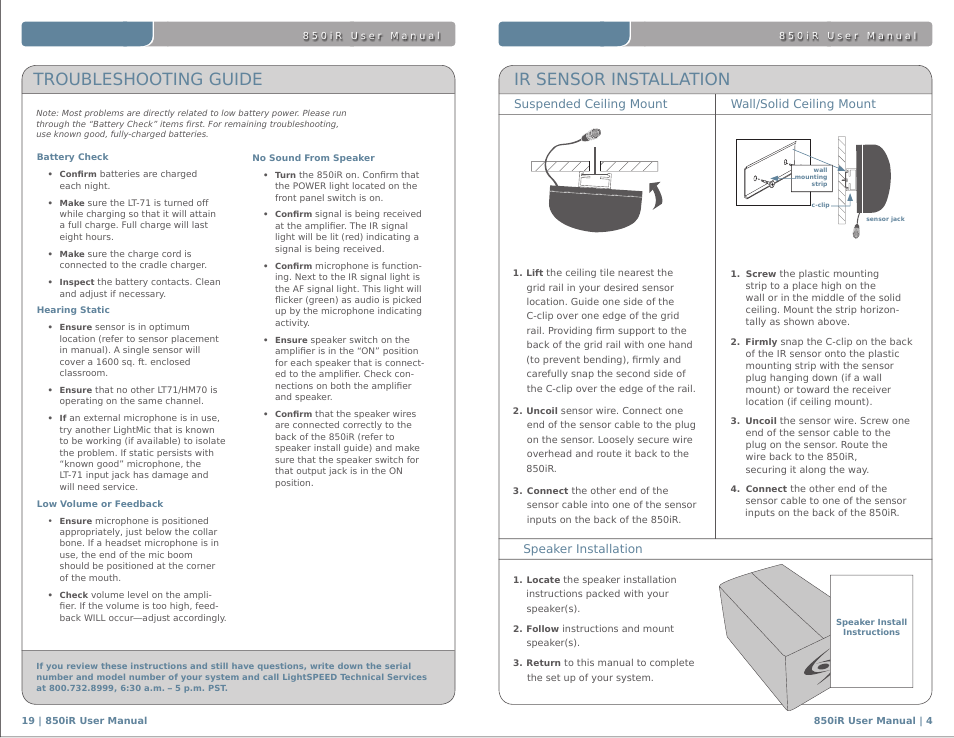 Ir sensor installation, Troubleshooting guide | LightSpeed Technologies 850IR User Manual | Page 8 / 30