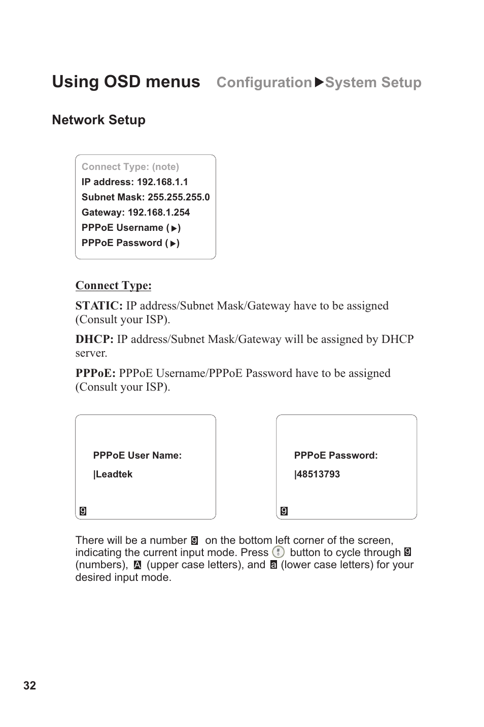 Using osd menus, Configuration system setup, Network setup | Lead Data VIDEOPHONE BVP 8882 SIP User Manual | Page 37 / 61