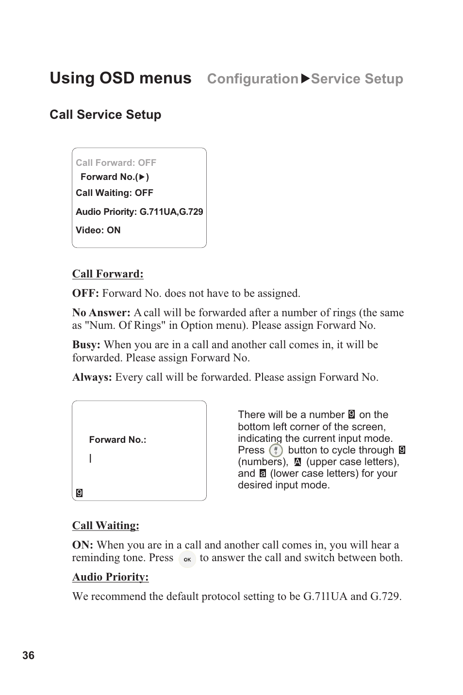 Using osd menus, Configuration, Service setup | Call service setup | Lead Data VIDEOPHONE BVP 8882 SIP User Manual | Page 41 / 61