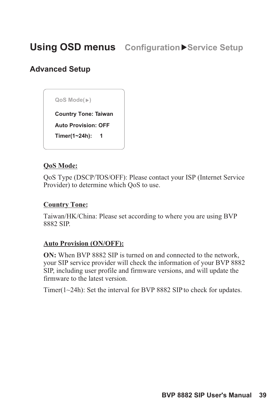 Using osd menus, Configuration service setup | Lead Data VIDEOPHONE BVP 8882 SIP User Manual | Page 44 / 61