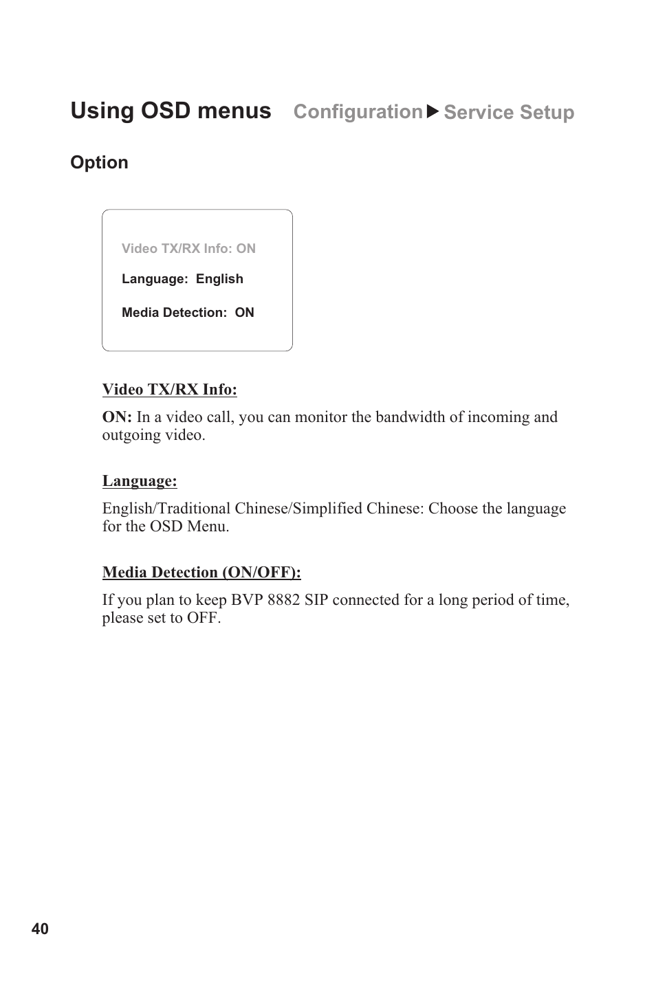 Using osd menus, Configuration service setup | Lead Data VIDEOPHONE BVP 8882 SIP User Manual | Page 45 / 61
