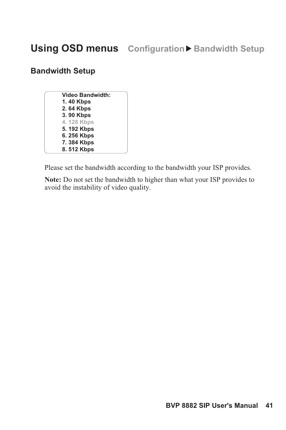 Using osd menus, Configuration bandwidth setup | Lead Data VIDEOPHONE BVP 8882 SIP User Manual | Page 46 / 61