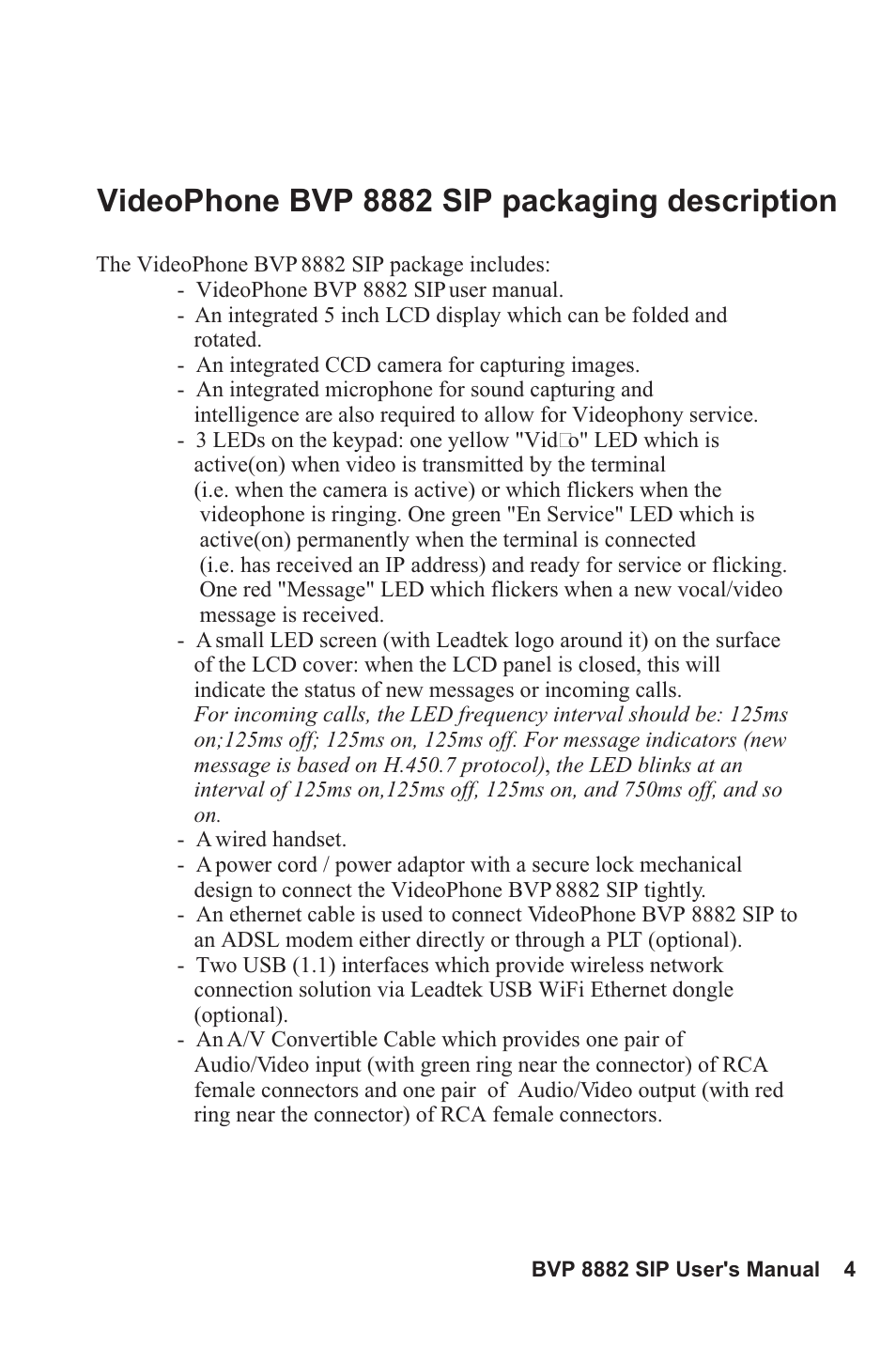 Videophone bvp 8882 sip packaging description | Lead Data VIDEOPHONE BVP 8882 SIP User Manual | Page 9 / 61