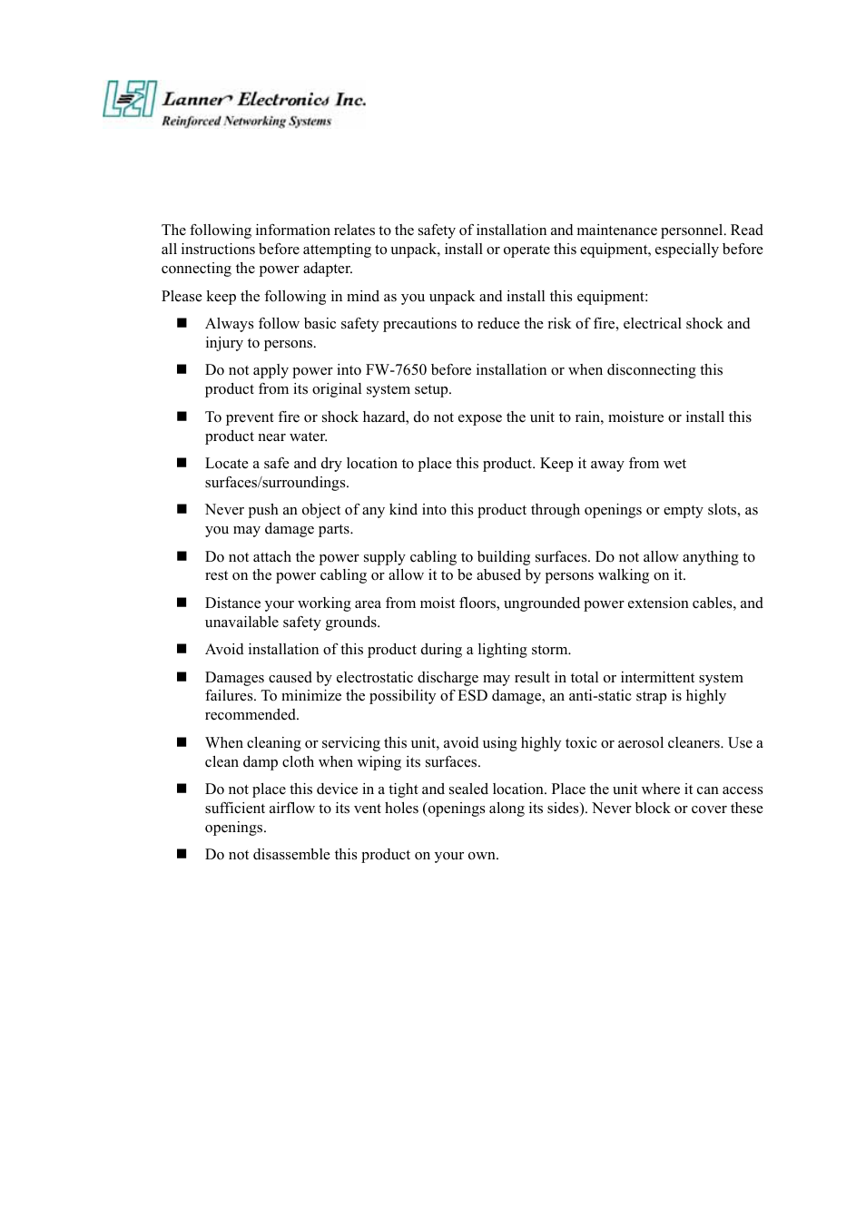 Safety instructions | Lanner electronic FW-7650 User Manual | Page 3 / 57