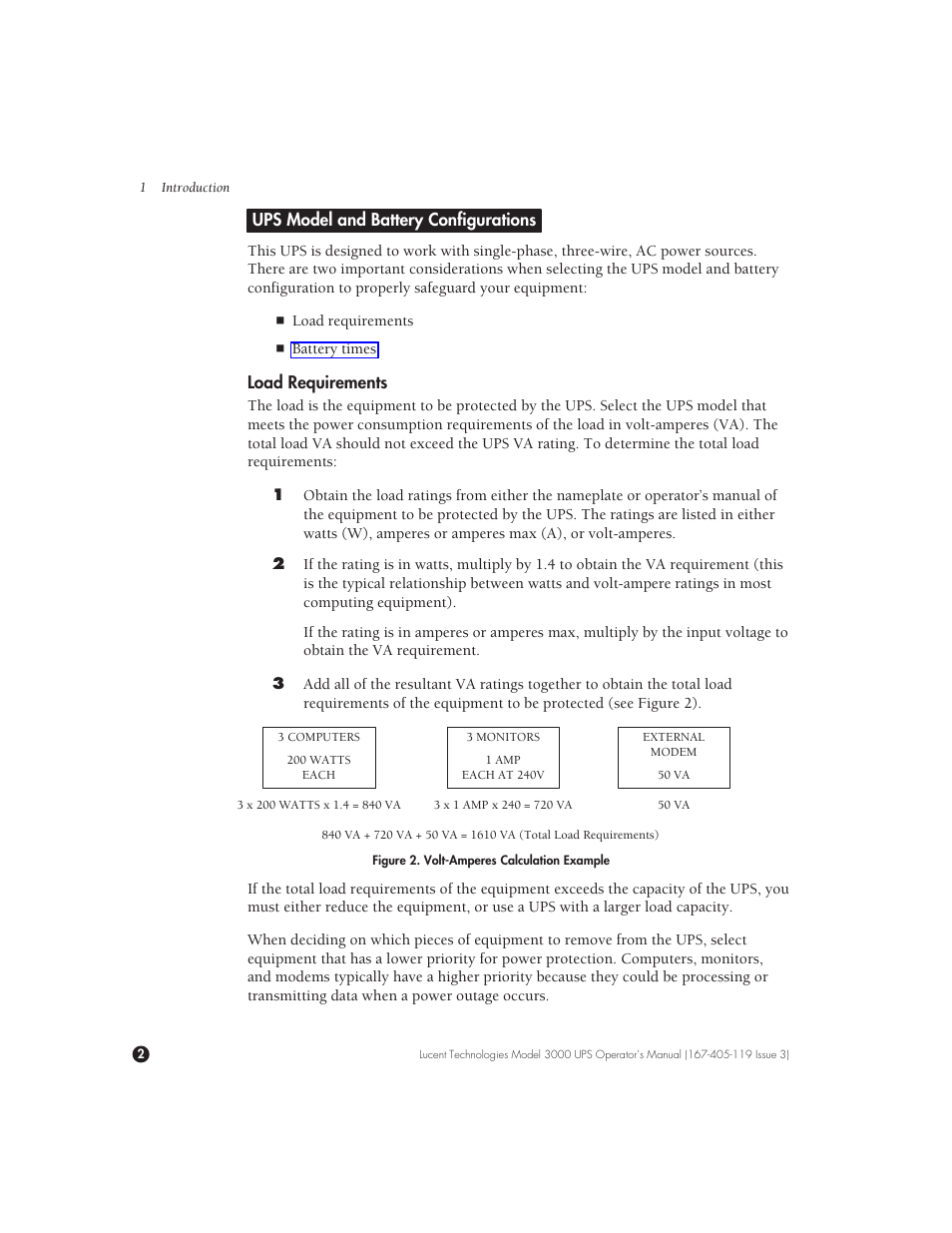 Ups model and battery configurations, Load requirements | Lucent Technologies Uninterruptible Power Systems 3000 VA User Manual | Page 12 / 75