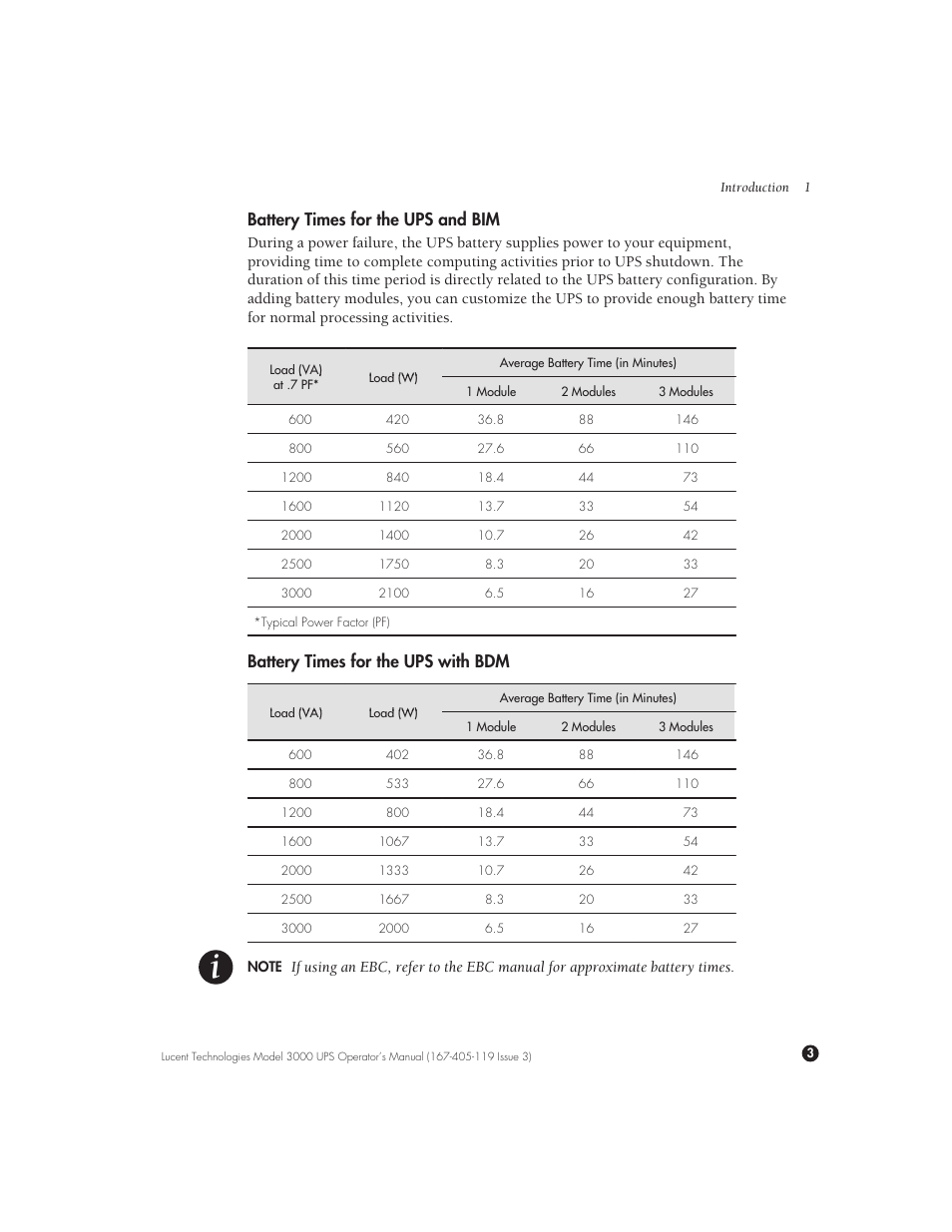 Battery times for the ups and bim, Battery times for the ups with bdm | Lucent Technologies Uninterruptible Power Systems 3000 VA User Manual | Page 13 / 75