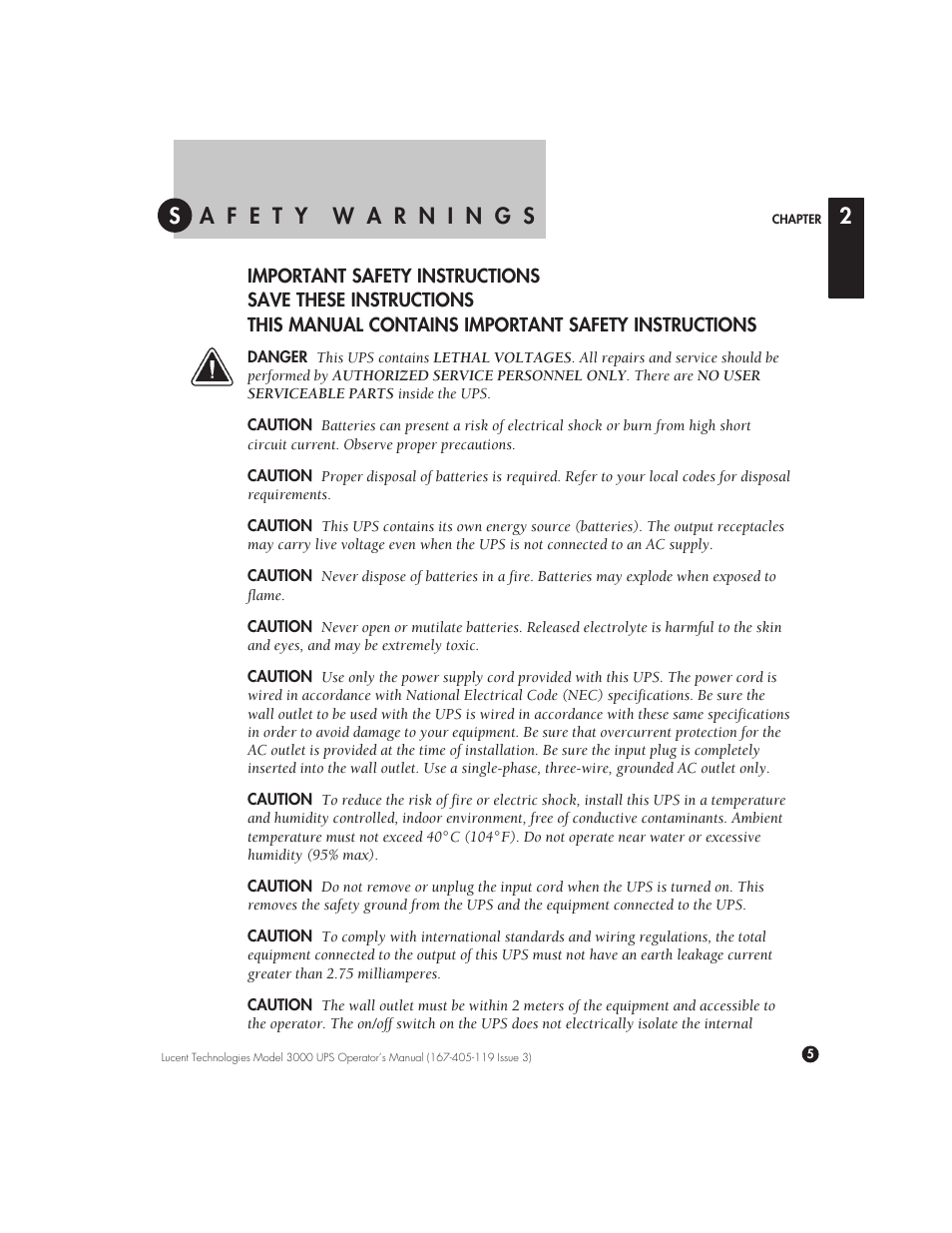 Safety warnings, Important safety instructions, 2 safety warnings | Aăăfăăeăătăăy wăăaăărăănăăiăănăăgăăs s 2 | Lucent Technologies Uninterruptible Power Systems 3000 VA User Manual | Page 15 / 75