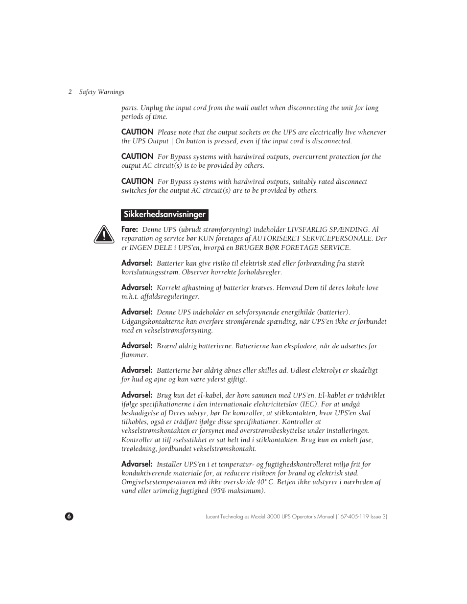Sikkerhedsanvisninger | Lucent Technologies Uninterruptible Power Systems 3000 VA User Manual | Page 16 / 75