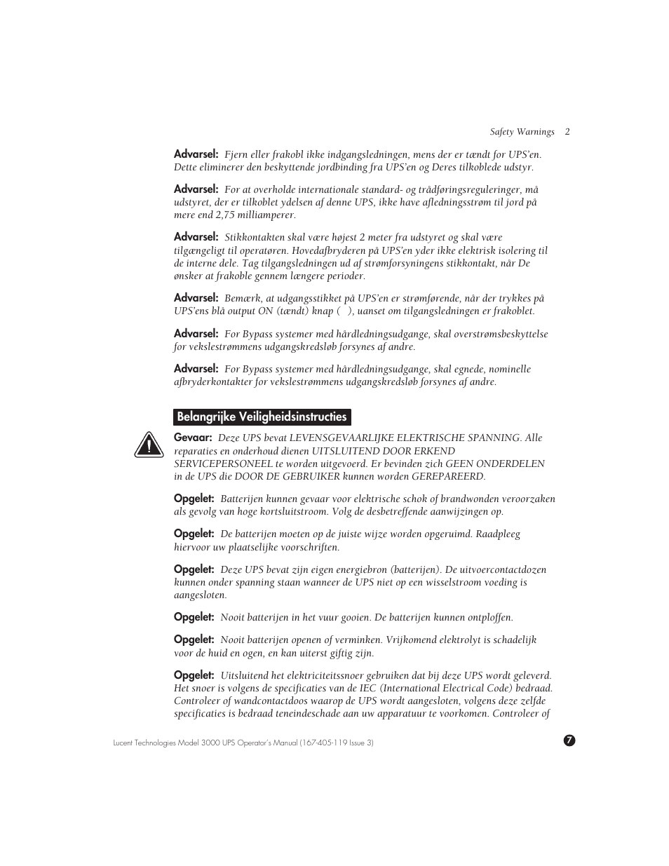 Belangrijke veiligheidsinstructies | Lucent Technologies Uninterruptible Power Systems 3000 VA User Manual | Page 17 / 75