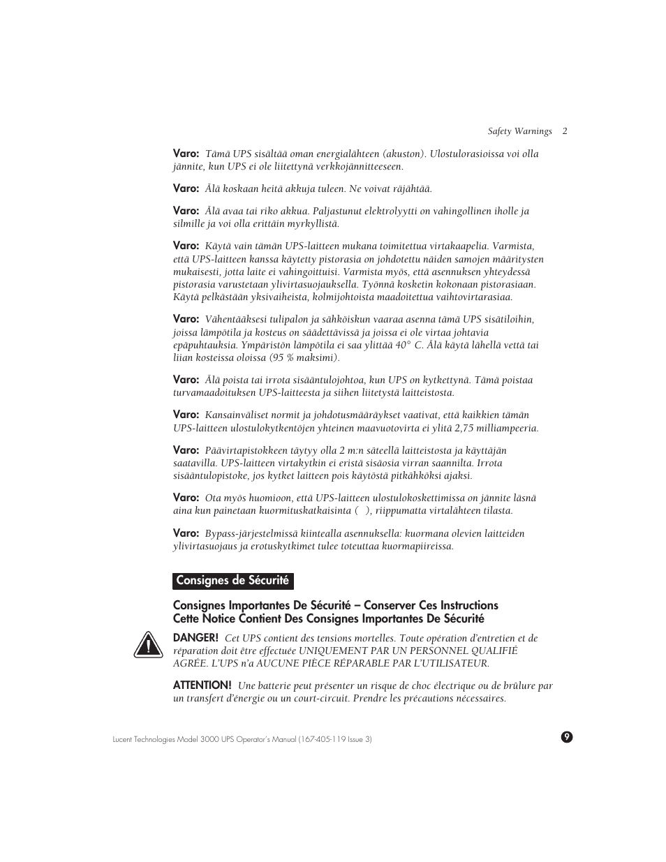 Consignes de sécurité | Lucent Technologies Uninterruptible Power Systems 3000 VA User Manual | Page 19 / 75