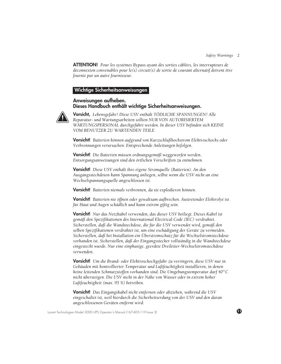 Wichtige sicherheitsanweisungen | Lucent Technologies Uninterruptible Power Systems 3000 VA User Manual | Page 21 / 75