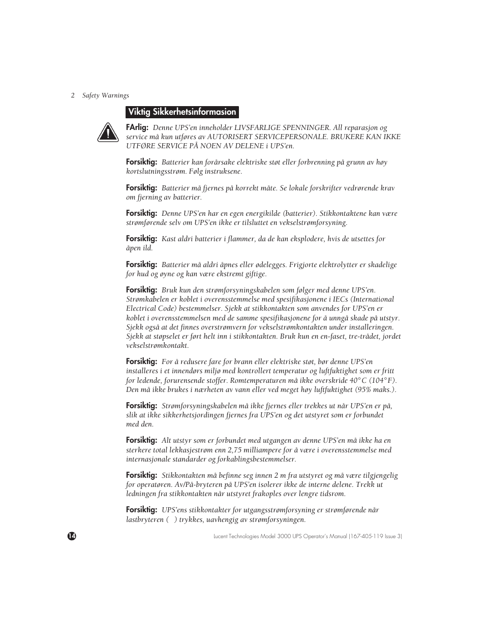 Viktig sikkerhetsinformasion | Lucent Technologies Uninterruptible Power Systems 3000 VA User Manual | Page 24 / 75