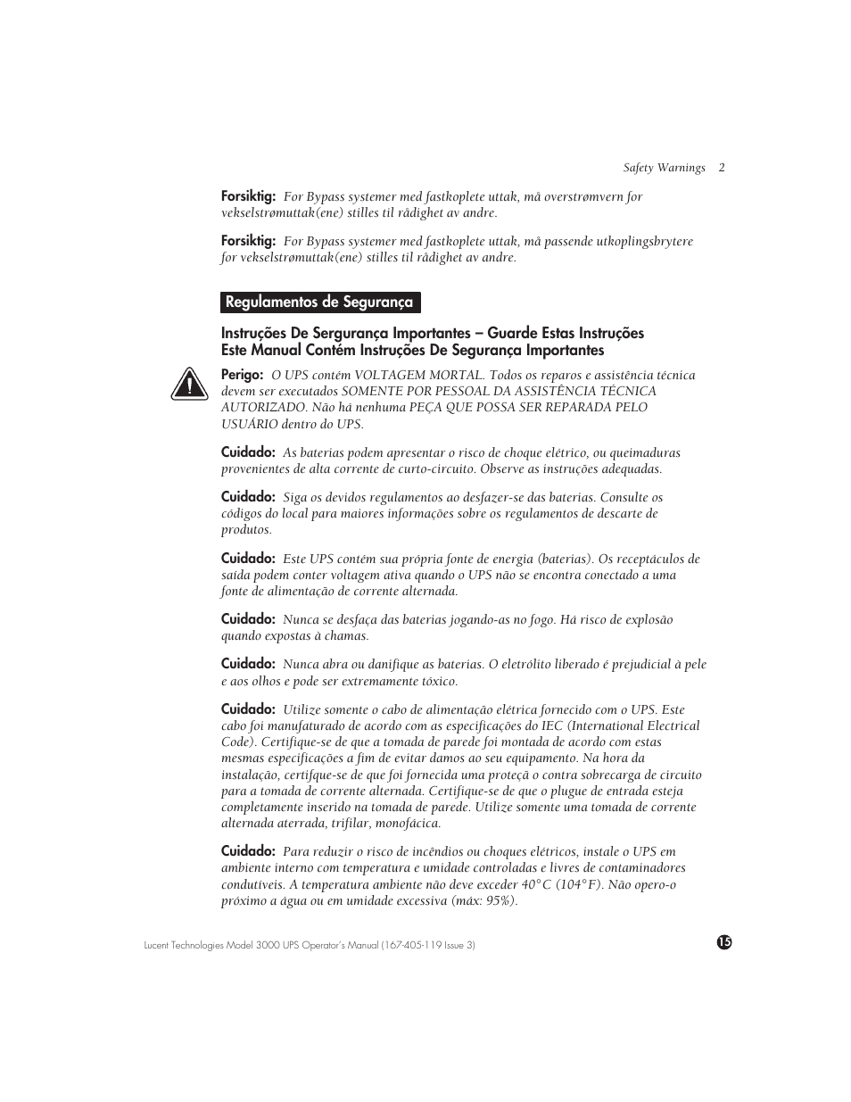 Regulamentos de segurança | Lucent Technologies Uninterruptible Power Systems 3000 VA User Manual | Page 25 / 75