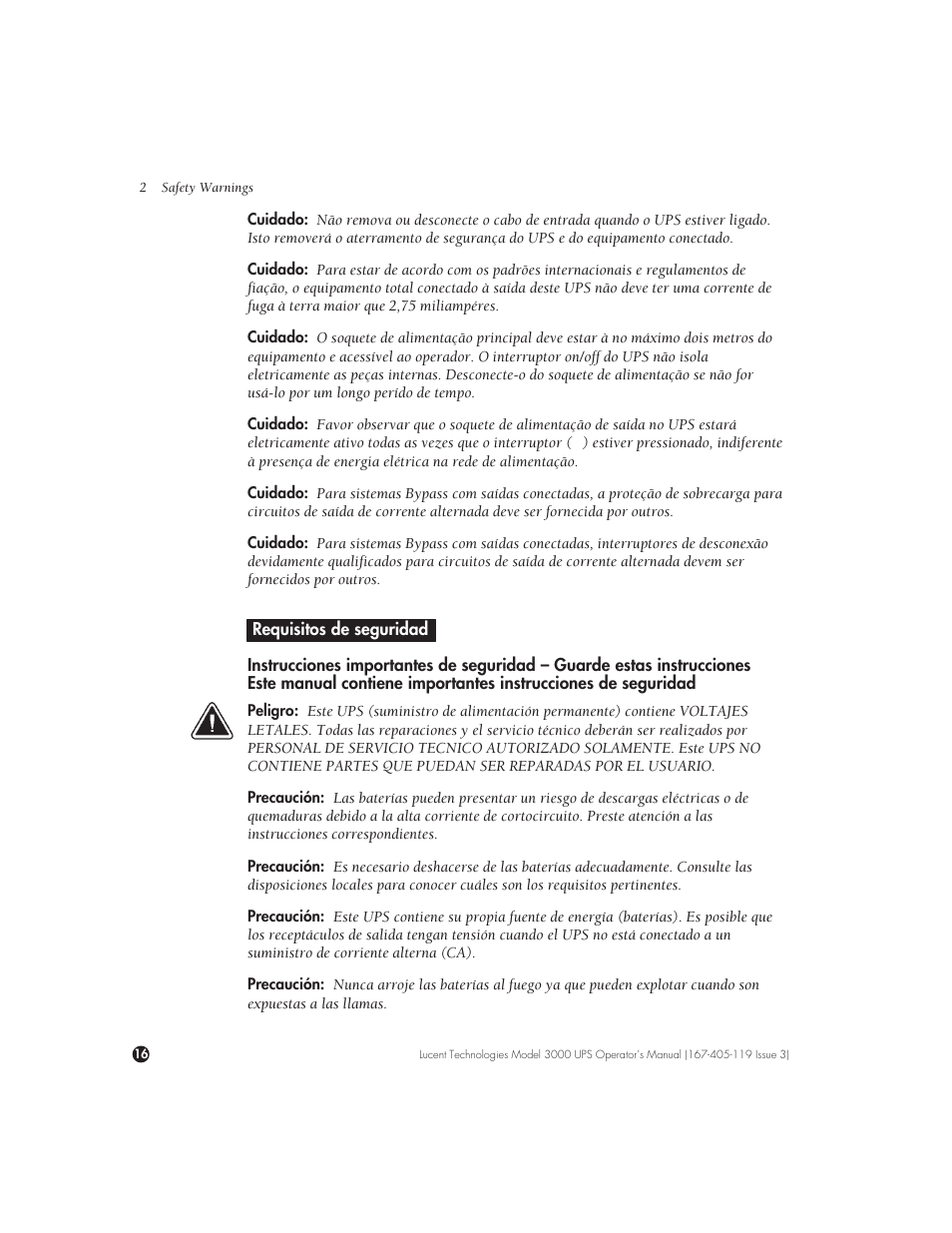 Requisitos de seguridad | Lucent Technologies Uninterruptible Power Systems 3000 VA User Manual | Page 26 / 75
