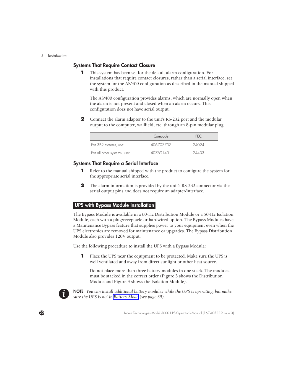 Systems that require contact closure, Systems that require a serial interface, Ups with bypass module installation | Lucent Technologies Uninterruptible Power Systems 3000 VA User Manual | Page 32 / 75