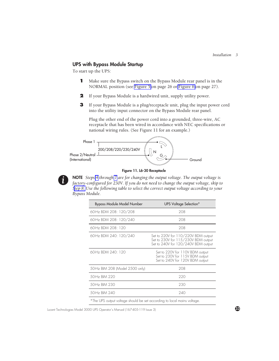 Ups with bypass module startup | Lucent Technologies Uninterruptible Power Systems 3000 VA User Manual | Page 43 / 75