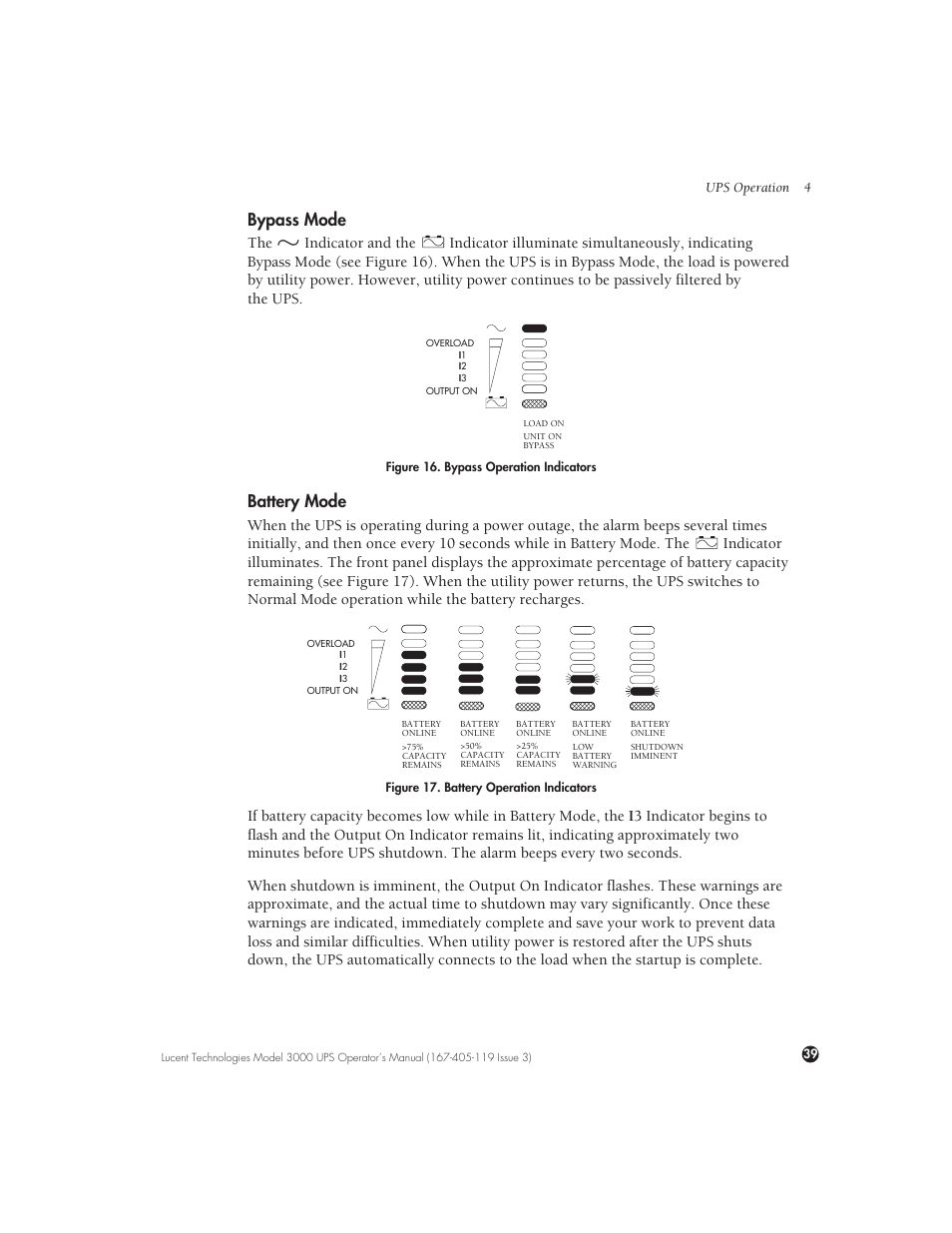 Bypass mode, Battery mode, Bypass | Battery) | Lucent Technologies Uninterruptible Power Systems 3000 VA User Manual | Page 49 / 75