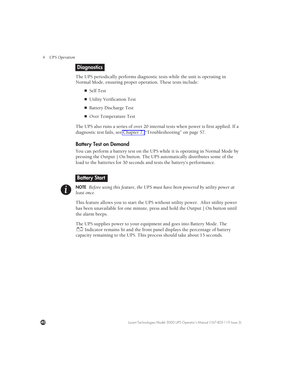 Diagnostics, Battery test on demand, Battery start | Lucent Technologies Uninterruptible Power Systems 3000 VA User Manual | Page 50 / 75