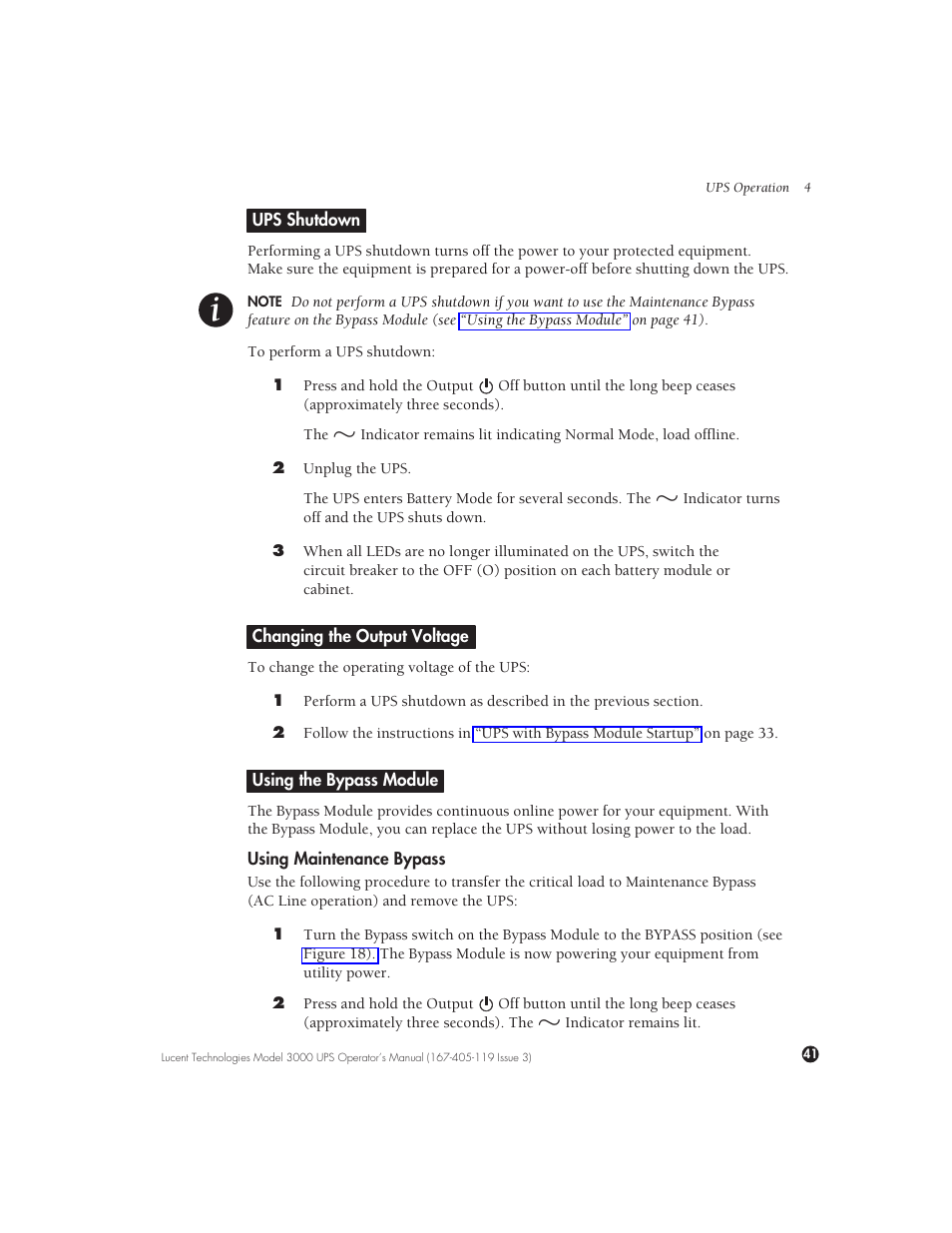 Ups shutdown, Changing the output voltage, Using the bypass module | Using maintenance bypass | Lucent Technologies Uninterruptible Power Systems 3000 VA User Manual | Page 51 / 75