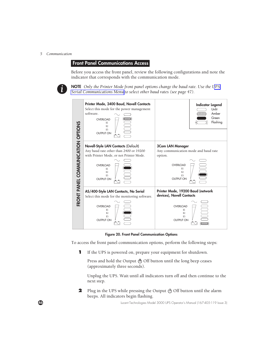 Front panel communications access | Lucent Technologies Uninterruptible Power Systems 3000 VA User Manual | Page 56 / 75